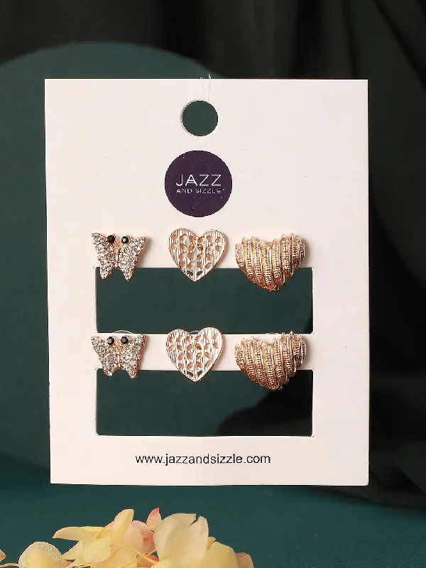 women's fashion-forward earrings-Set Of 3 Gold-Plated Heart Shaped Stud Earrings