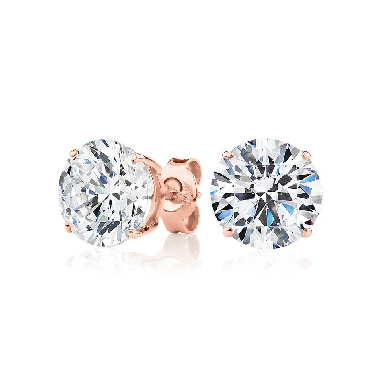 women's textured earrings-Round Brilliant stud earrings with 6 carats* of diamond simulants in 10 carat rose gold