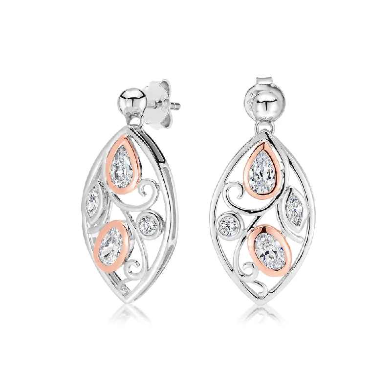 women's minimalistic earrings-Oval and Pear drop earrings with 1.19 carats* of diamond simulants in 10 carat rose gold and sterling silver