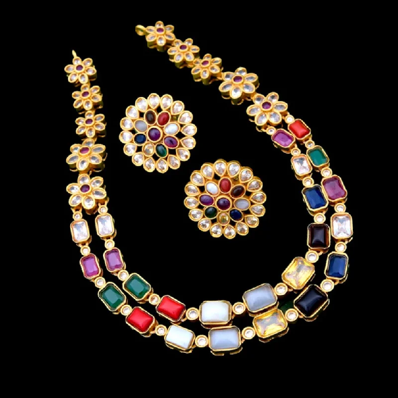 women's gemstone necklaces-Double Row Navarathan Necklace With Stud Earrings