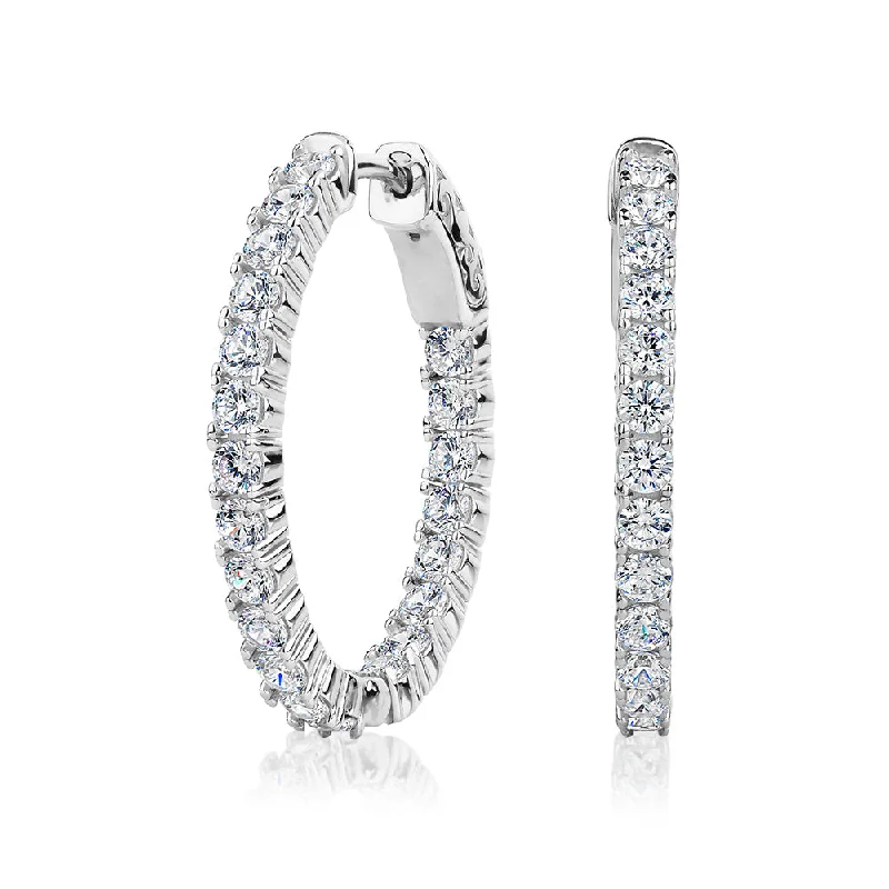 women's diamond drop earrings-Round Brilliant hoop earrings with 2.52 carats* of diamond simulants in sterling silver