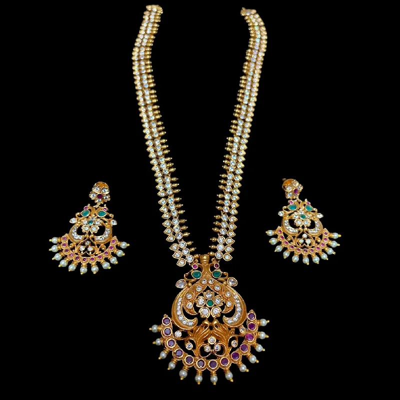 women's classic necklaces-Peacock & Pearl Matte Antique Gold Long Haaram Necklace set