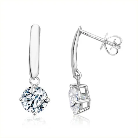 women's romantic earrings-Round Brilliant drop earrings with 2.06 carats* of diamond simulants in 10 carat white gold