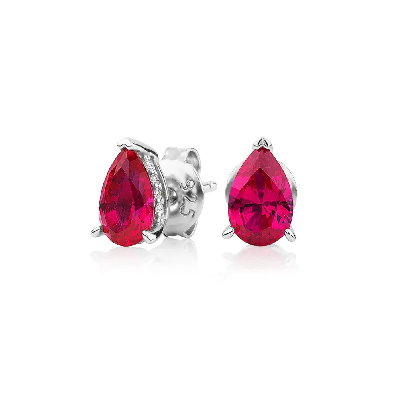 women's long earrings-Pear and Round Brilliant stud earrings with ruby and diamond simulants in sterling silver