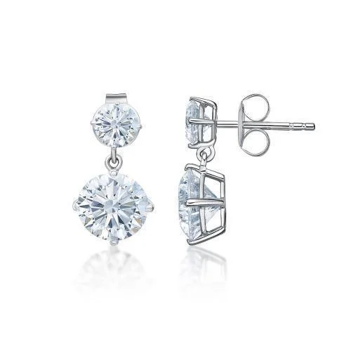 women's butterfly earrings-Round Brilliant drop earrings with 5 carats* of diamond simulants in 10 carat white gold