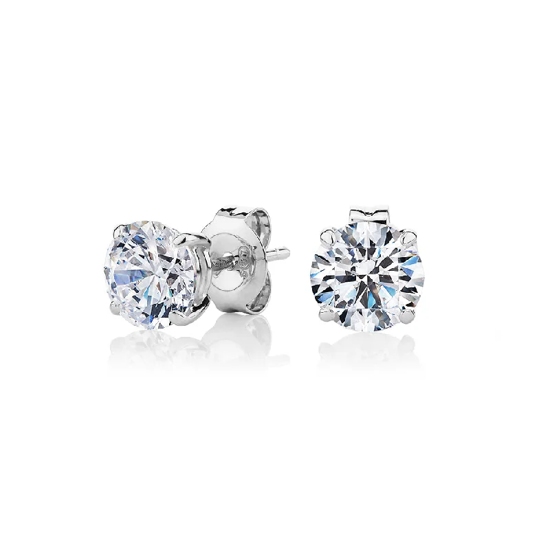 women's infinity stud earrings-Round Brilliant stud earrings with 2 carats* of diamond simulants in 10 carat white gold