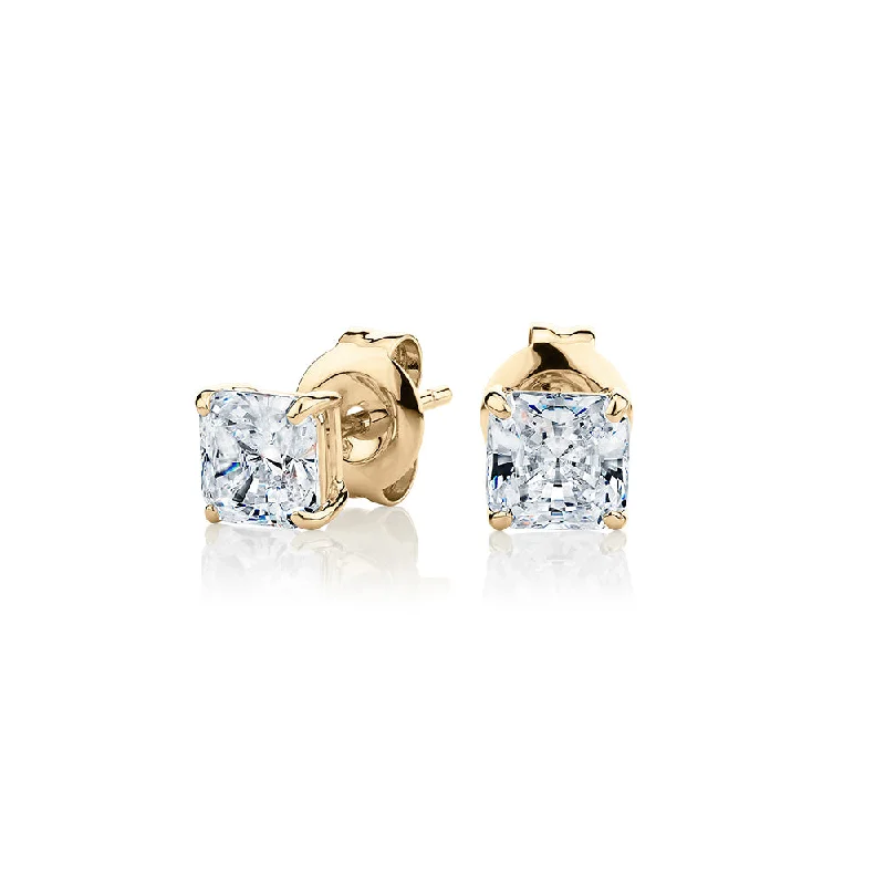 women's multi-stone earrings-Princess Cut stud earrings with 1 carat* of diamond simulants in 10 carat yellow gold