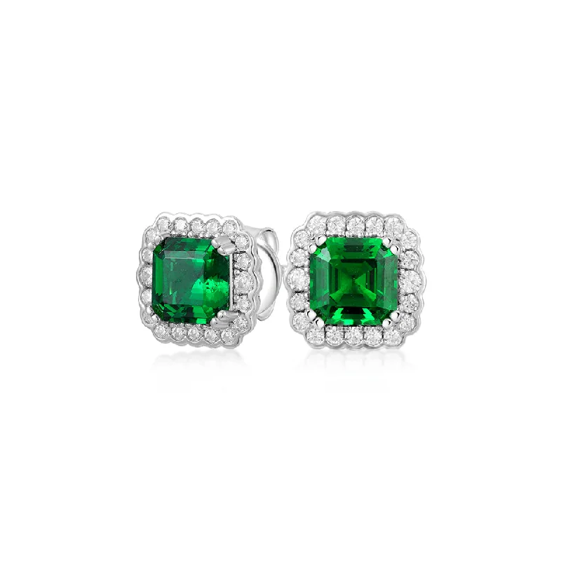 women's diamond stud earrings-Asscher and Round Brilliant halo stud earrings with emerald simulants and 0.42 carats* of diamond simulants in sterling silver