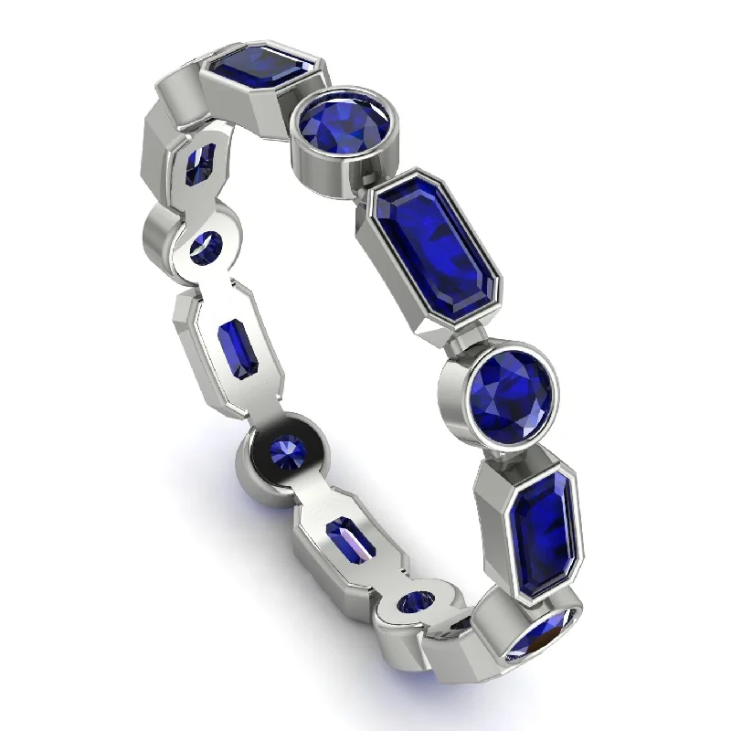 women's birthstone rings-Emerald Cut Blue Sapphire Bezel Eternity Ring - Genevieve No. 75