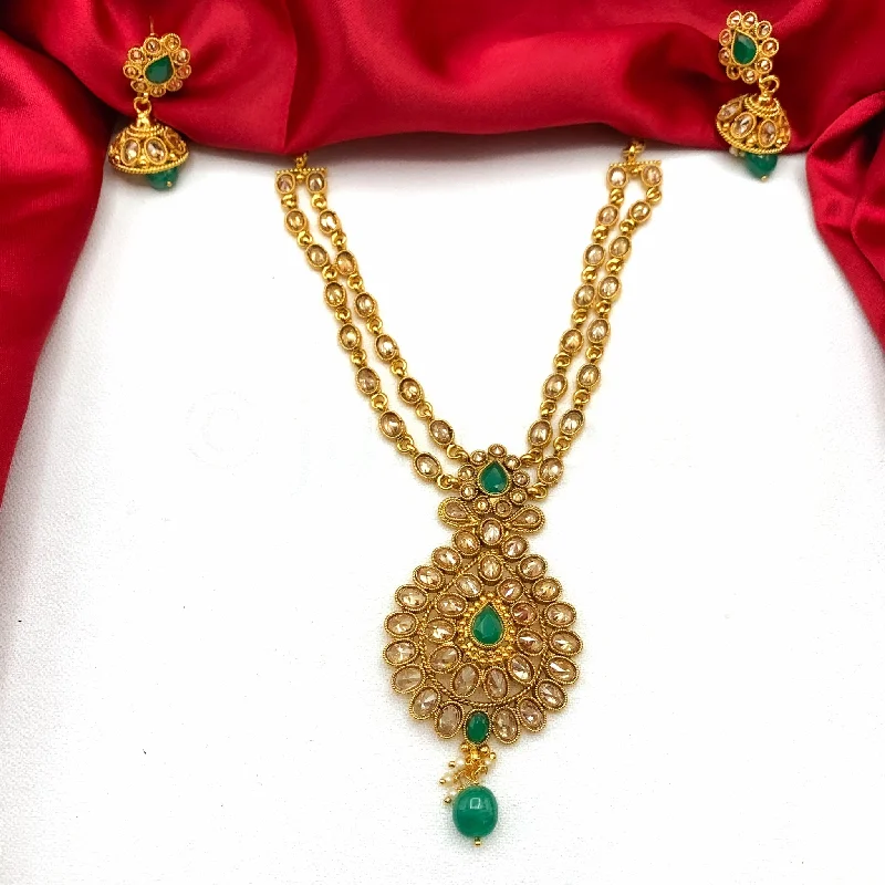 women's stylish chain necklaces-Trendy Two layered Antique Gold plated Necklace with LCD and Green stones and Jhumka earring