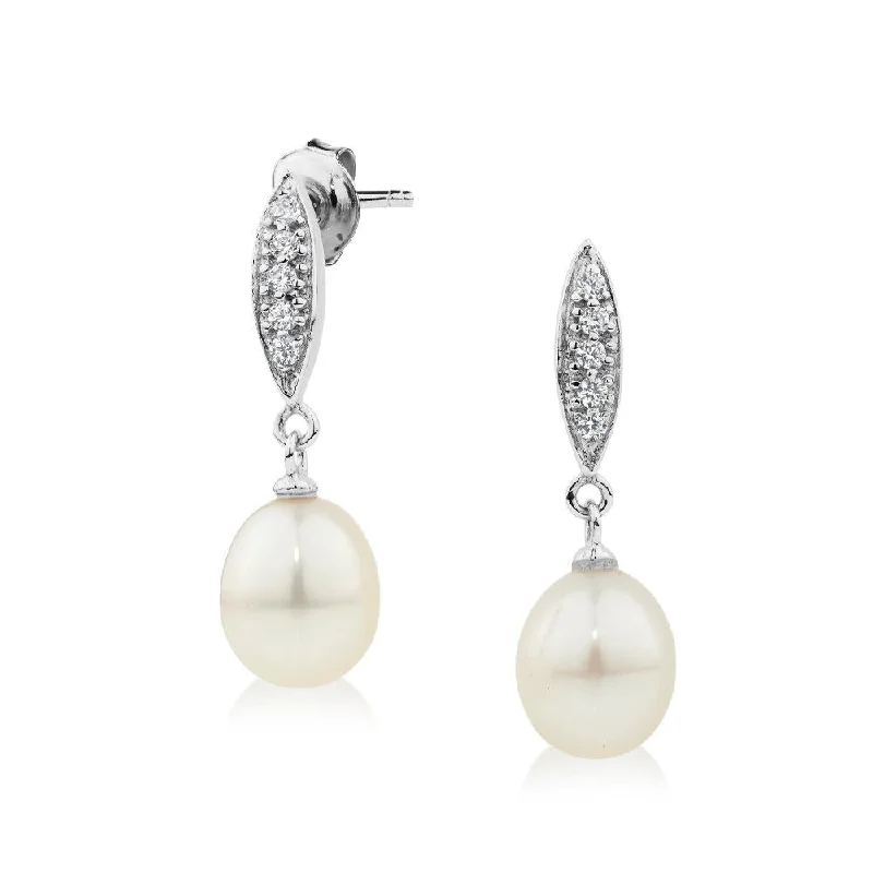 women's silver dangly earrings-Cultured freshwater pearl drop earrings in sterling silver