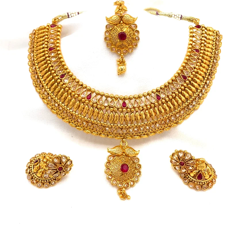 women's custom engraved necklaces-Marvelous Bridal Kerala Style Antique Gold Necklace set with Jhumka