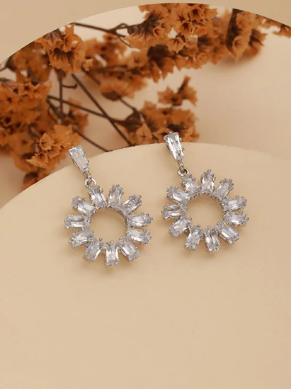 women's long chain earrings-Silver-Toned Rhodium-Plated Cz Studded Contemporary Drop Earrings