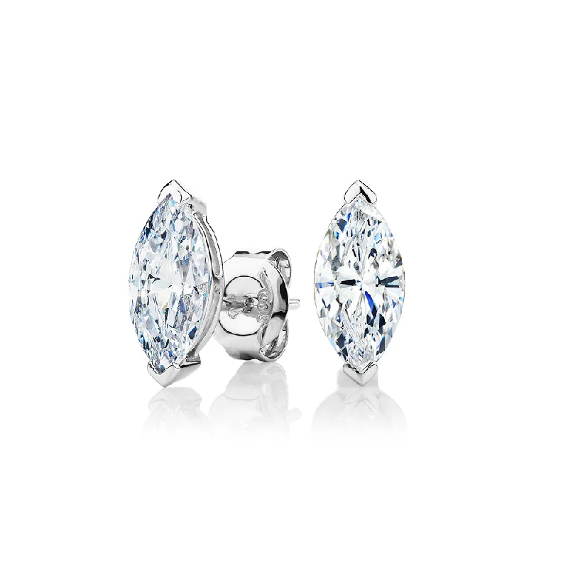 women's romantic diamond earrings-Marquise stud earrings with 2 carats* of diamond simulants in 10 carat white gold