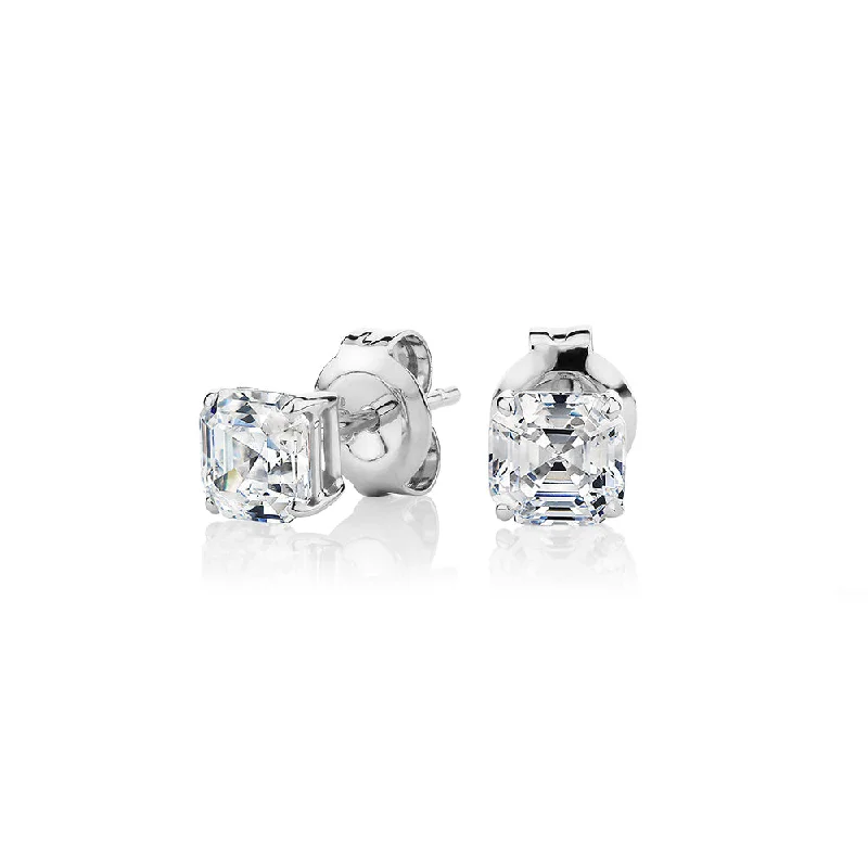 women's minimalist stud earrings-Asscher stud earrings with 1 carats* of diamond simulants in 10 carat white gold