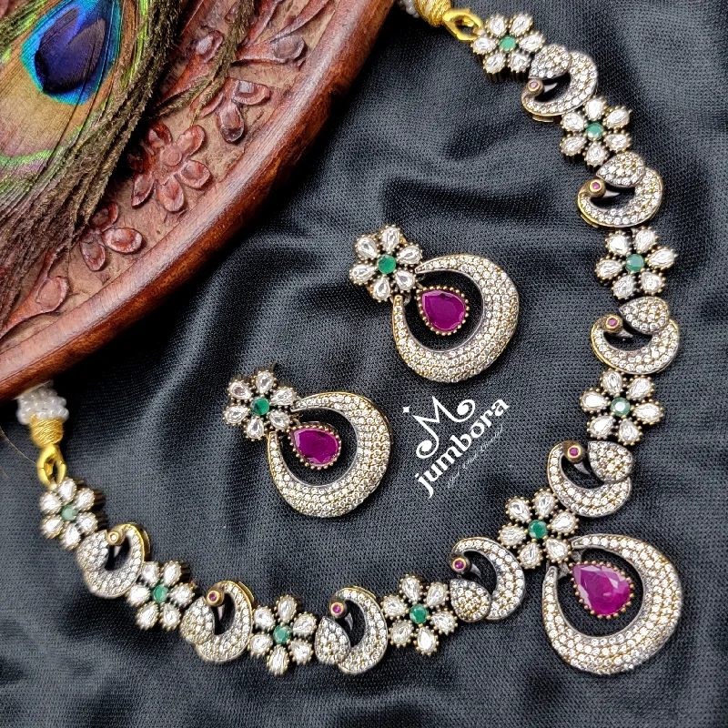 women's geometric necklaces-White, Green & Ruby Red AD Zircon Peacock Floral Victorian Necklace