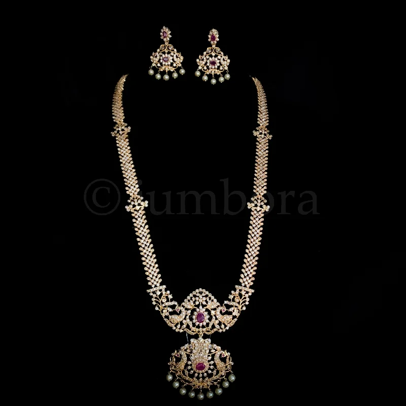 women's crystal necklaces-Traditional Bridal Long white Zircon (CZ) Stone Haaram Necklace Set