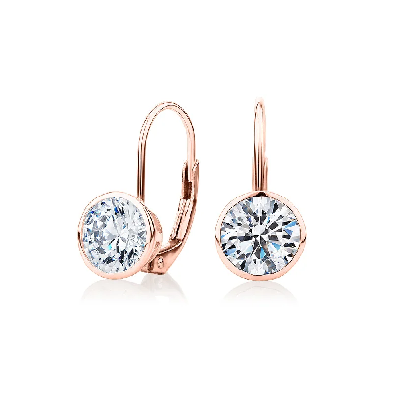 women's layered gold earrings-Round Brilliant drop earrings with 2 carats* of diamond simulants in 10 carat rose gold