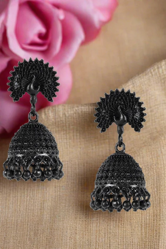 women's animal-shaped earrings-Black Painted Peacock Shaped Enameled Ethnic Jhumka Earrings