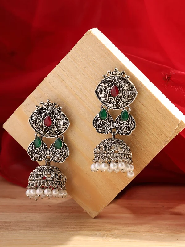 women's high-end earrings-Silver-Toned Ruby & Green Oxidised Classic Drop Jhumka Earrings