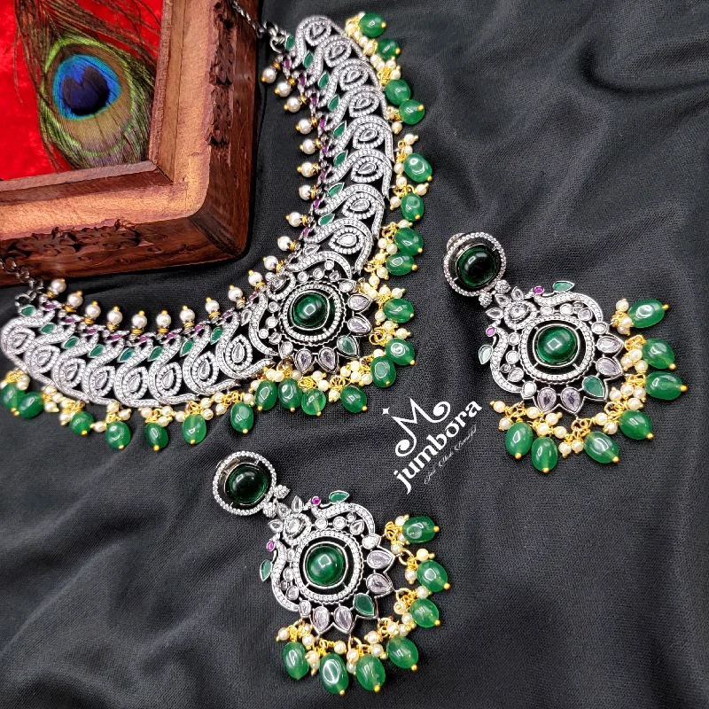 women's bold statement necklaces-Royal Emerald Green & White AD Zircon Victorian Bridal Necklace