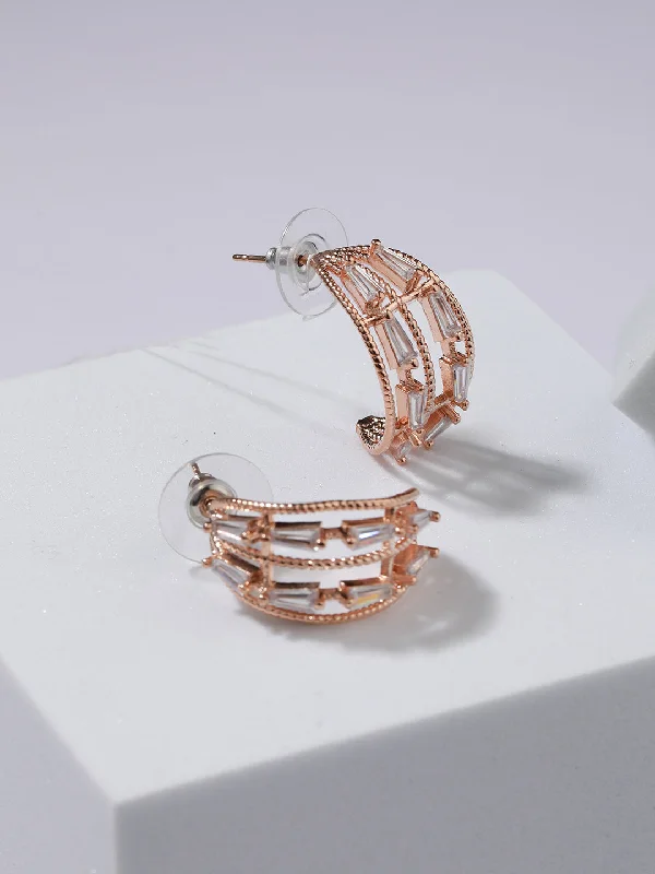 women's fashion-forward earrings-Rose Gold-Plated Cubic Zirconia Studded Half Hoop Earrings