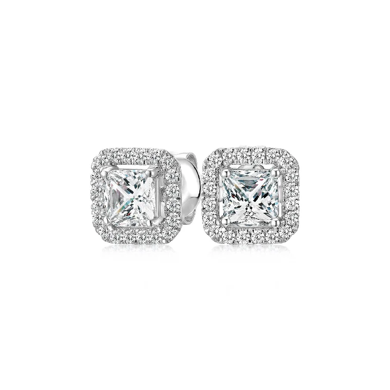 women's romantic diamond earrings-Princess Cut and Round Brilliant stud earrings with 1.69 carats* of diamond simulants in 10 carat white gold