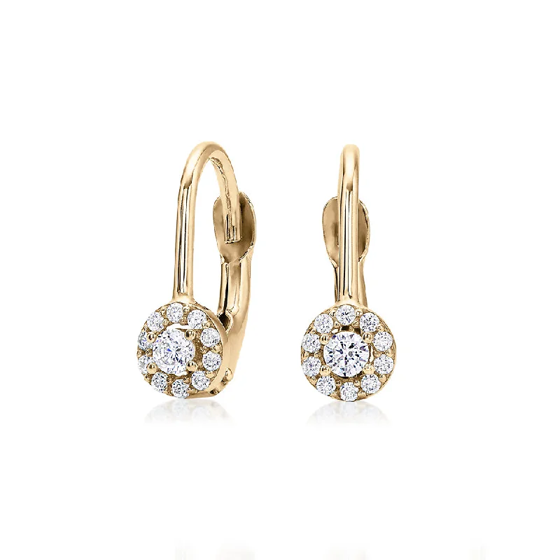 women's trendy drop earrings-Round Brilliant drop earrings with diamond simulants in 10 carat yellow gold