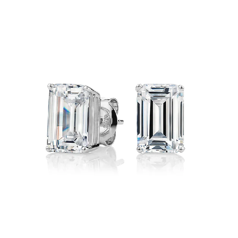 women's chandelier earrings-Emerald Cut stud earrings with 3 carats* of diamond simulants in 10 carat white gold