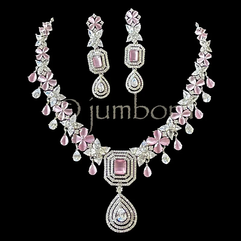 women's birthstone pendant necklaces-Statement White Gold Pink AD (Zircon) CZ Necklace Set