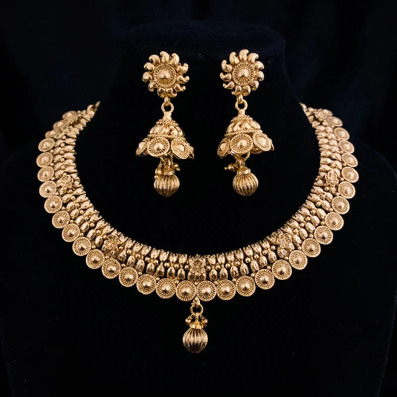 women's diamond pendant necklaces-Traditional Ethnic Antique Gold Choker style Necklace set with Jhumka