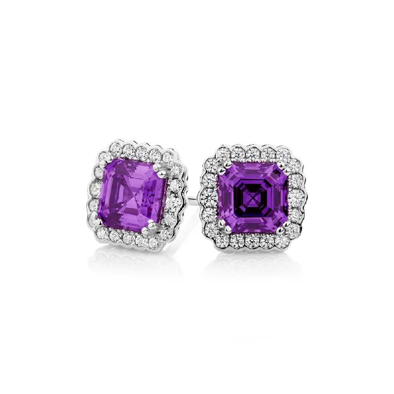 women's celestial charm earrings-Asscher and Round Brilliant halo stud earrings with amethyst simulants and 0.42 carats* of diamond simulants in sterling silver