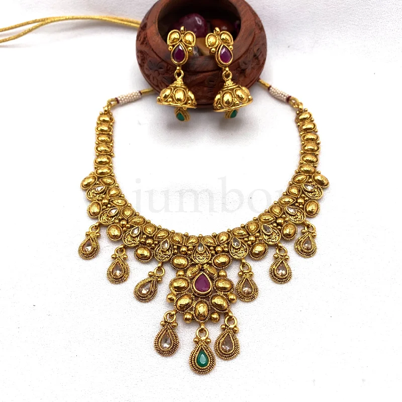 women's statement gemstone necklaces-Traditional Antique Gold plated Necklace with Jhumka earring