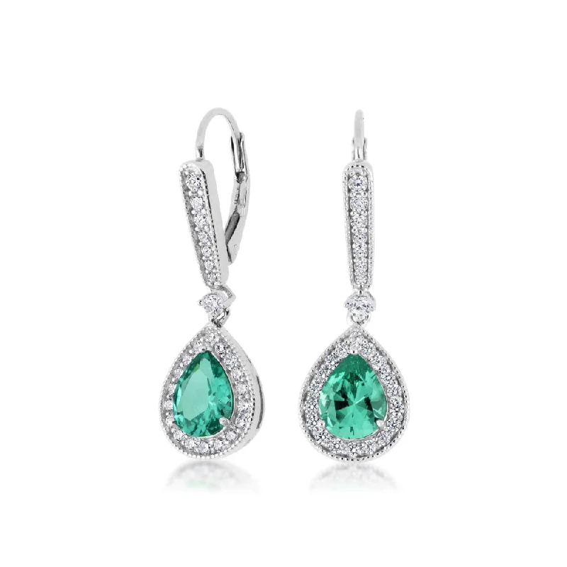 women's engraved earrings-Pear and Round Brilliant drop earrings with ocean green simulants and 0.62 carats* of diamond simulants in sterling silver