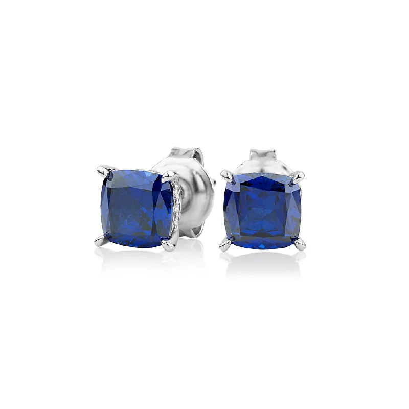 women's engraved hoop earrings-Cushion and Round Brilliant stud earrings with sapphire and diamond simulants in sterling silver