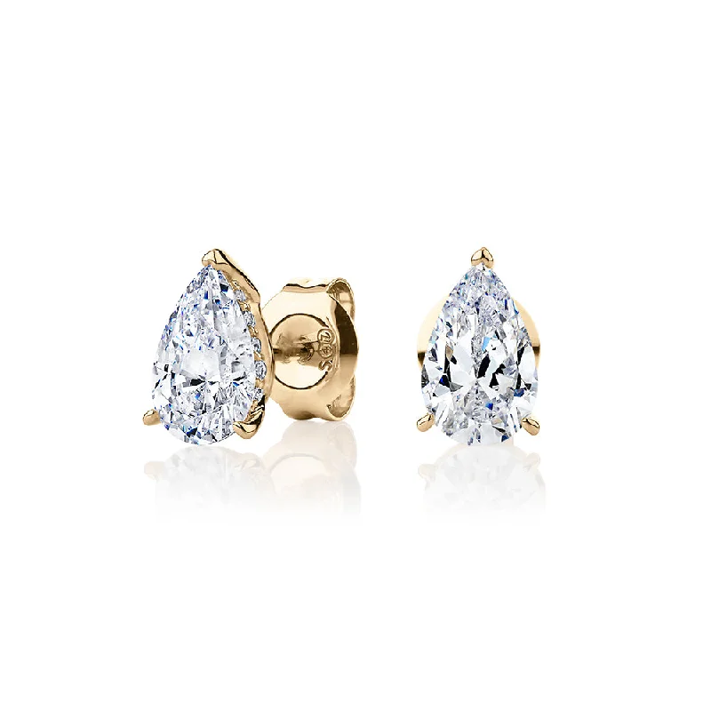 women's drop earrings-Pear stud earrings with 1.75 carats* of diamond simulants in 10 carat yellow gold