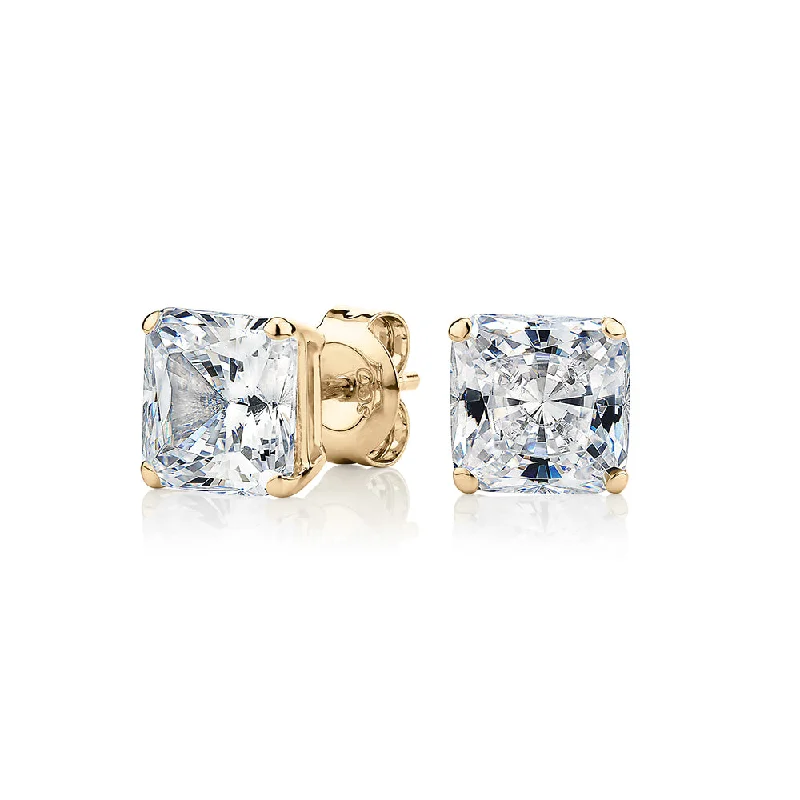 women's romantic diamond earrings-Princess Cut stud earrings with 3 carats* of diamond simulants in 10 carat yellow gold