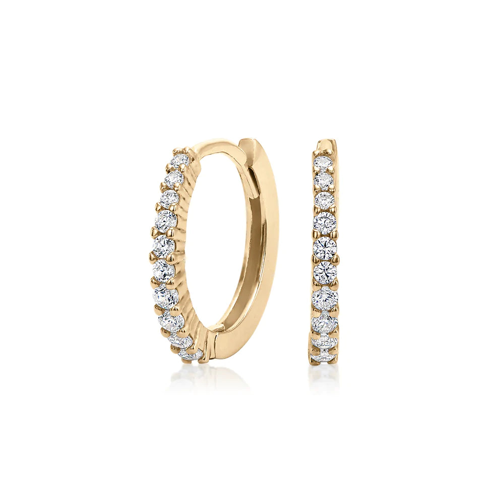 women's bridal earrings-Round Brilliant hoop earrings with diamond simulants in 10 carat yellow gold