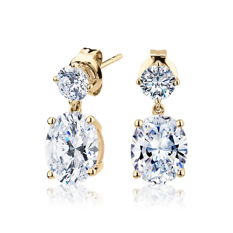 women's gold dangling earrings-Oval and Round Brilliant drop earrings with 6 carats* of diamond simulants in 10 carat yellow gold