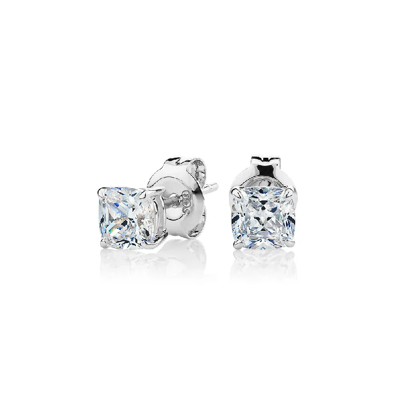 women's matching earrings sets-Cushion stud earrings with 1 carat* of diamond simulants in 10 carat white gold