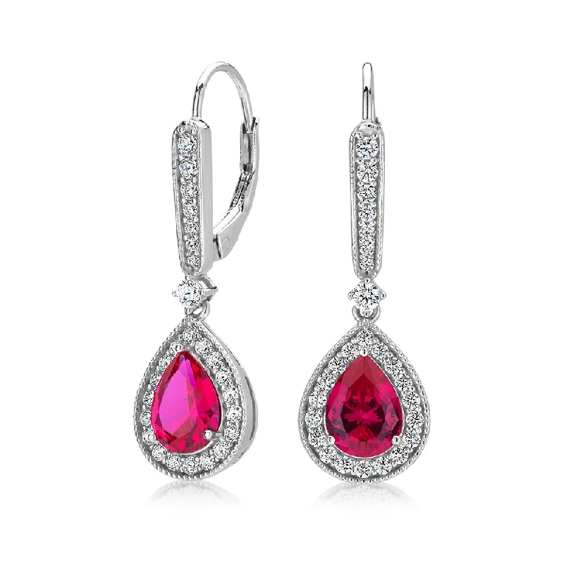 women's engagement earrings-Pear and Round Brilliant drop earrings with ruby simulants and 0.62 carats* of diamond simulants in sterling silver