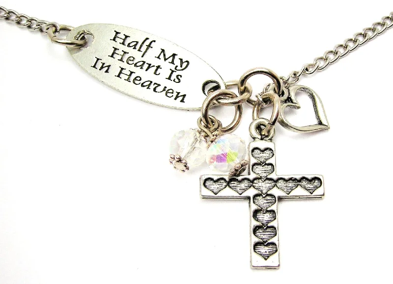 women's custom name necklaces-Half My Heart Is In Heaven And Hearts All Over A Cross Lariat Necklace