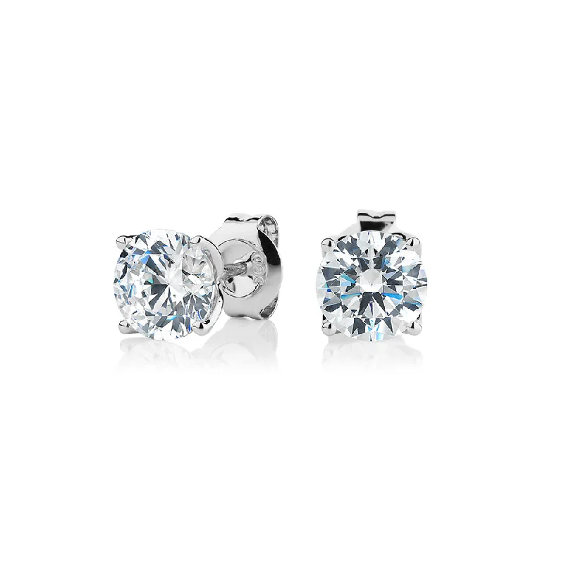 women's celestial stud earrings-Round Brilliant stud earrings with 2 carats* of diamond simulants in 10 carat white gold