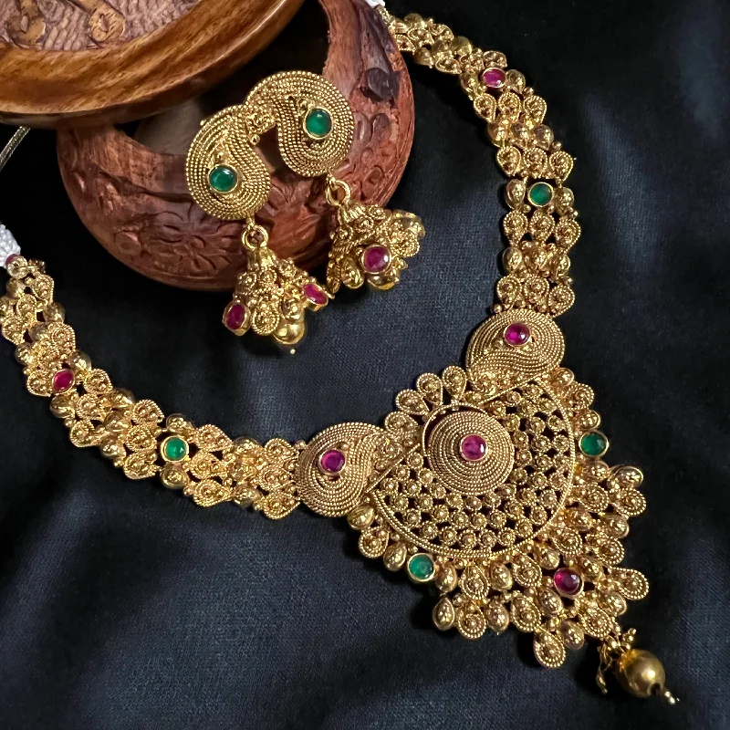 women's gold chain necklaces-Traditional Antique Gold plated Necklace with Jhumka earring