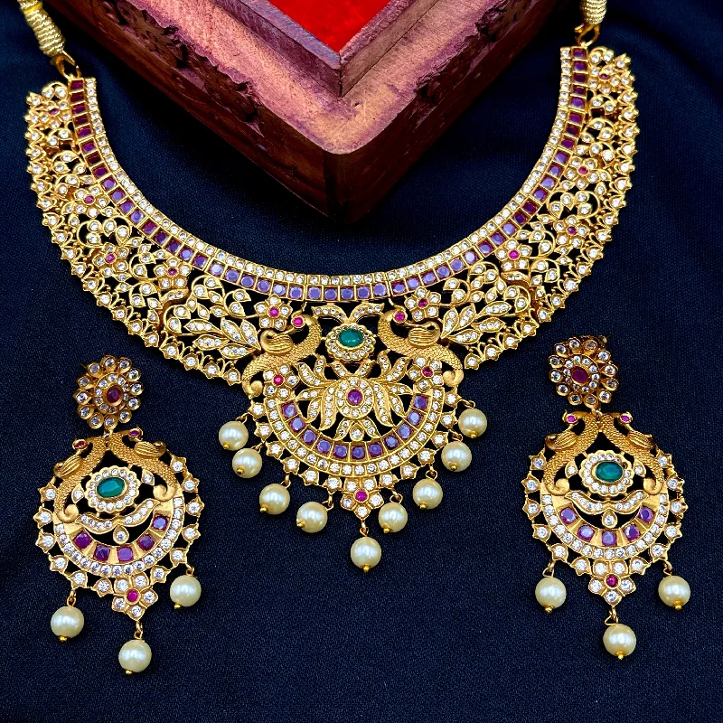 women's fashion necklaces-Royal Matte Gold Peacock Necklace Set