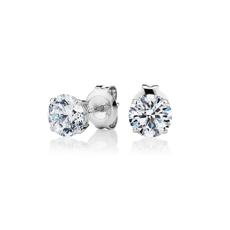 women's gold earrings-Round Brilliant stud earrings with 1.5 carats* of diamond simulants in 10 carat white gold