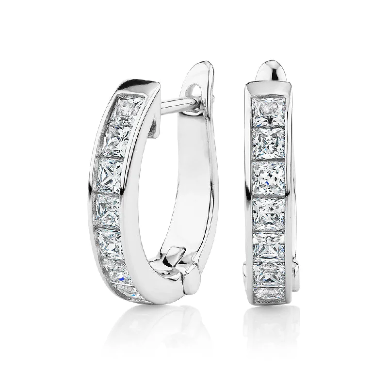 women's hoop earrings-Princess Cut hoop earrings with 0.84 carats* of diamond simulants in sterling silver