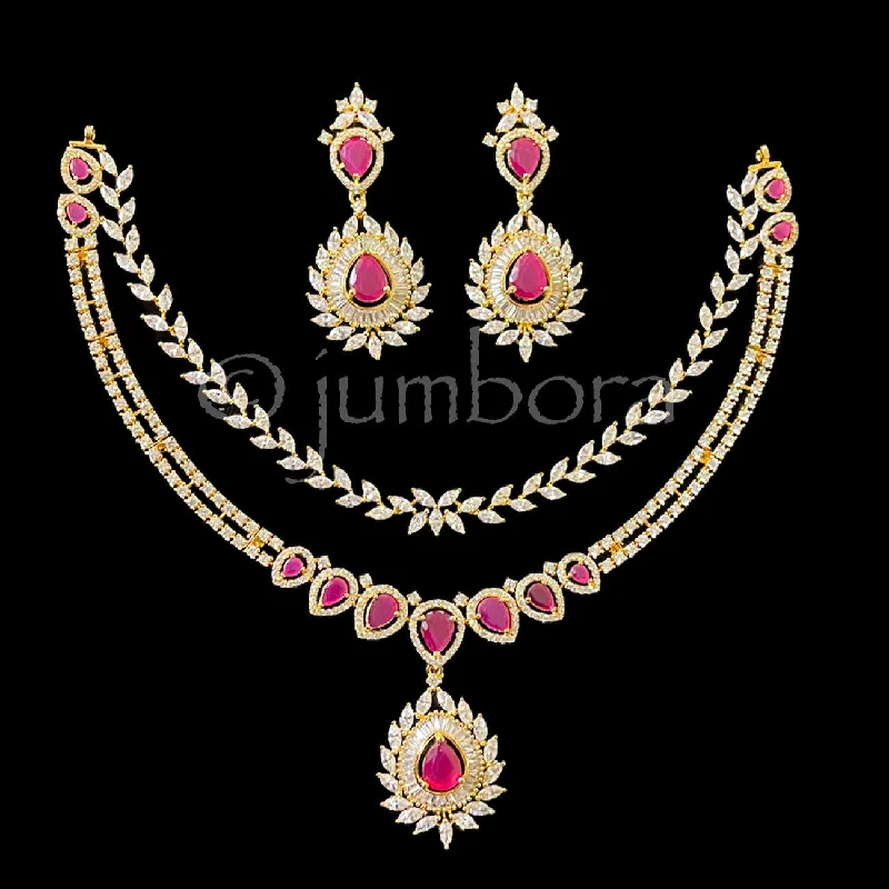 women's geometric necklaces-Two-Row AD (Zircon) CZ Necklace with Ruby Red and White Stones