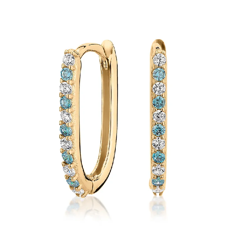 women's gemstone earrings-Round Brilliant hoop earrings with diamond and aqua marine simulants in 10 carat yellow gold