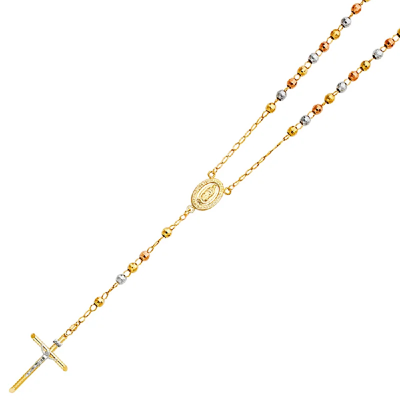 women's luxury chain necklaces-14K THREE COLORED GOLD 5MM DISCO BALL ROSARY NECKLACE